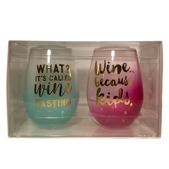 Slant Collections by PMI Set of 2 Stemless Wine Glasses “Wine Because Kids” NWT - Picture 3 of 6